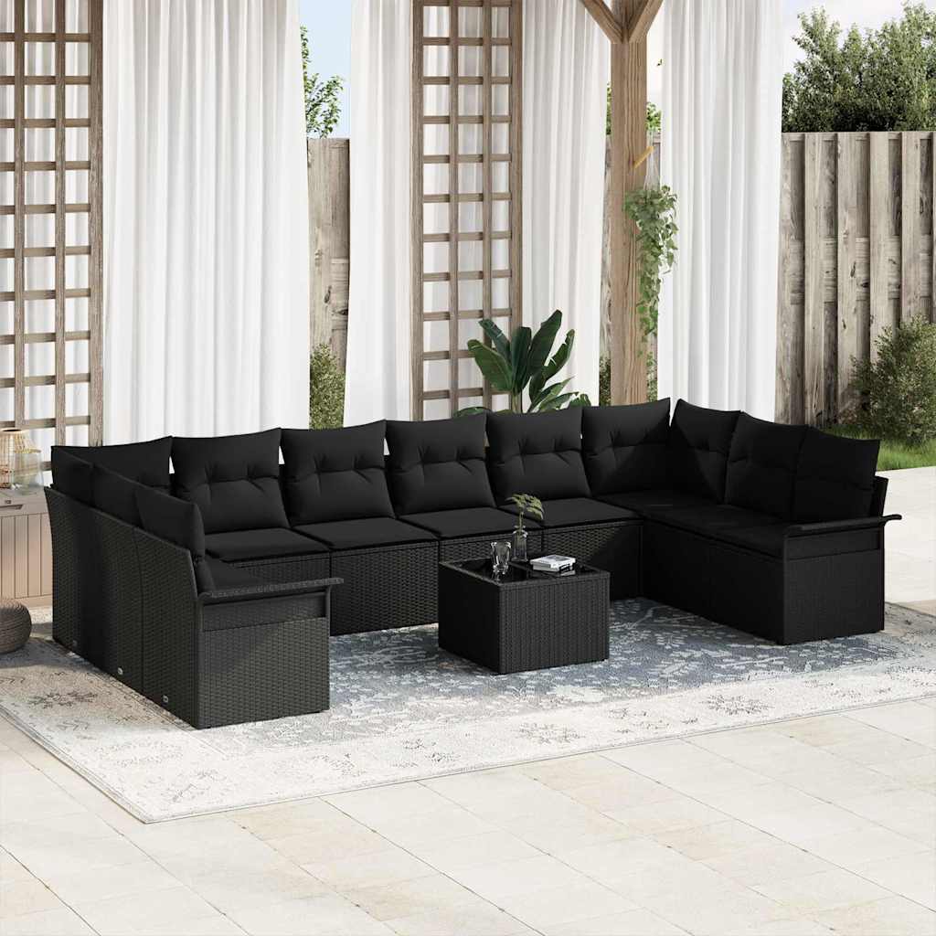 vidaXL Tuinbank Set met opslag 10 pcs Zwart poly rattan