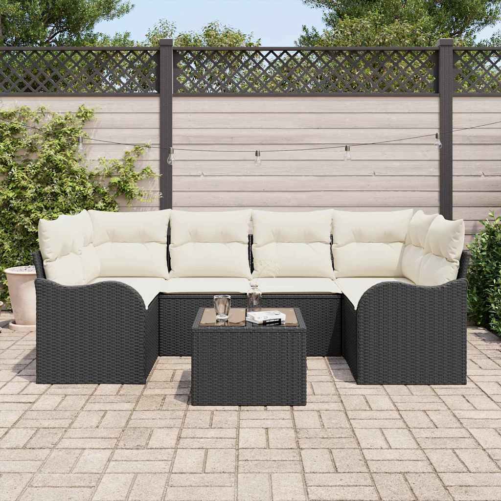 vidaXL Tuinbank Set 7 pcs Zwart en Crème Poly rattan, staal en glas