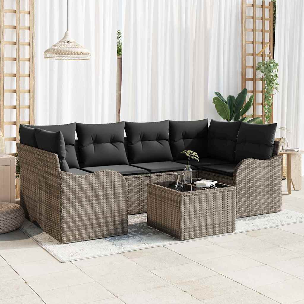 vidaXL Tuinbank Set 7 pcs Zwart en Crème Poly rattan, staal en glas