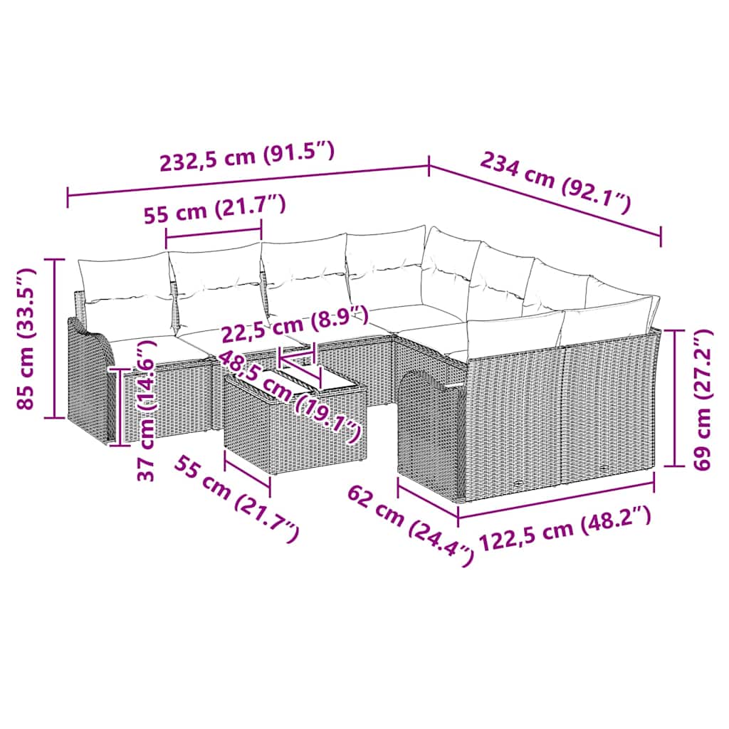 vidaXL Tuinbank Set 9 pcs Zwart en Crème Poly Riet en Staal en Glas
