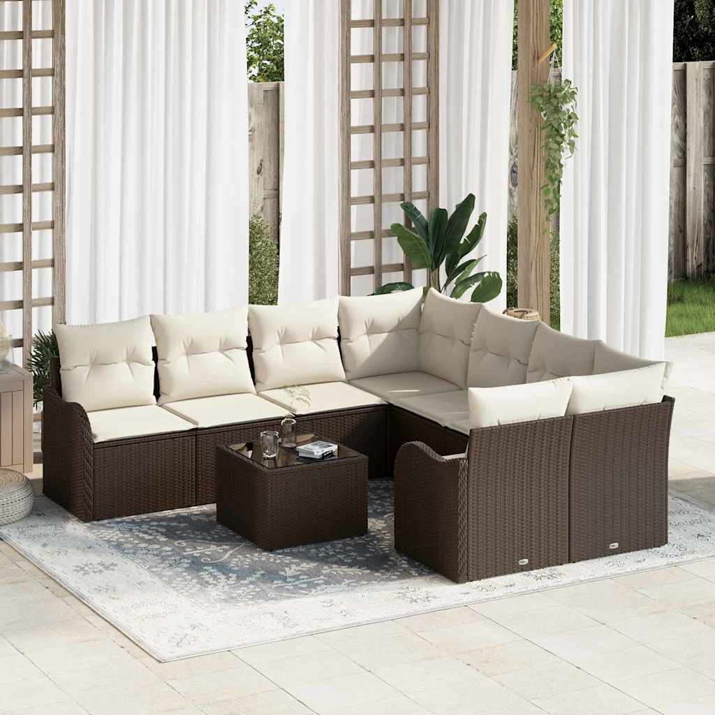 vidaXL Tuinbank Set 9 pcs Zwart en Crème Poly Riet en Staal en Glas
