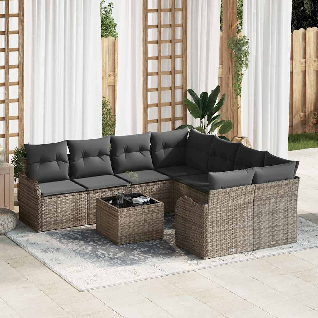 vidaXL Tuinbank Set 9 pcs Zwart en Crème Poly Riet en Staal en Glas