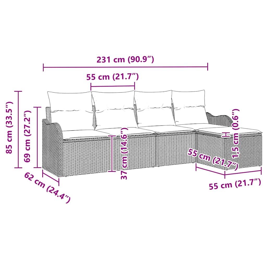 vidaXL Tuinbank Set met kussen met opslag 5 pcs Zwart Poly rattan