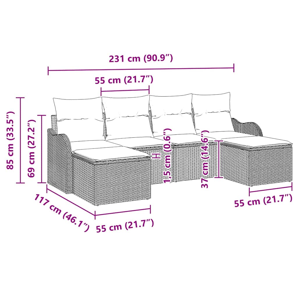 vidaXL Garden Sofa Set with cushions 6 pcs Black and white Poly rattan