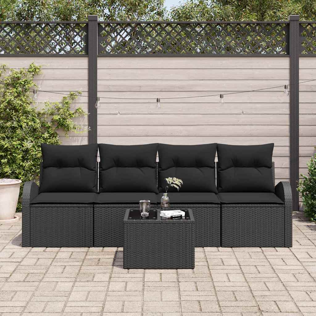 vidaXL Tuinbank Set 5 pcs Zwart en Crème Poly rattan, staal en glas