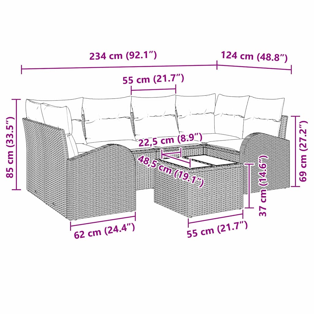 vidaXL Tuinbank Set 7 pcs Zwart en Crème Poly rattan, staal en glas
