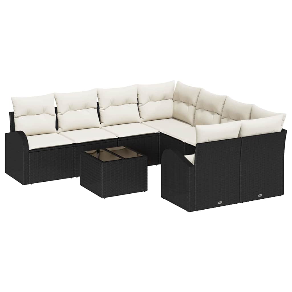 vidaXL Bankstel met kussen met opslag 9 pcs Zwart en Crème poly rattan