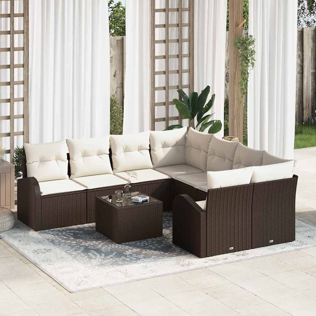 vidaXL Bankstel met kussen met opslag 9 pcs Zwart en Crème poly rattan