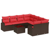 vidaXL Bankstel met kussen met opslag 9 pcs Beige en Rood poly rattan