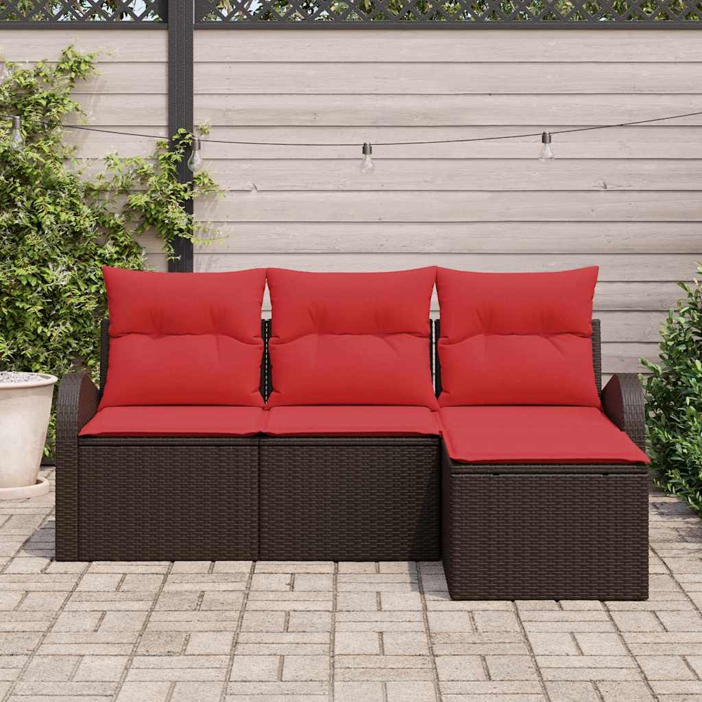 vidaXL Sofa Set with Cushions with Storage 4 pcs Brown and Red poly rattan