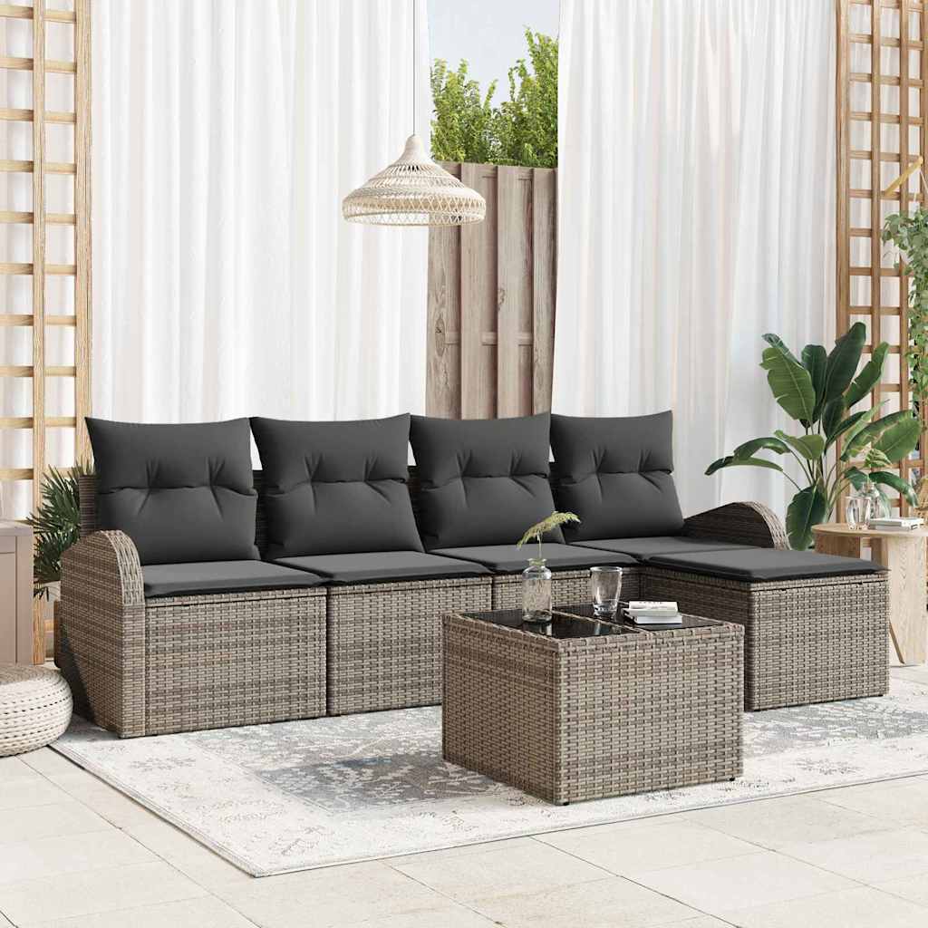 vidaXL Bankstel met kussen met opslag 5 pcs Zwart en Wit poly rattan