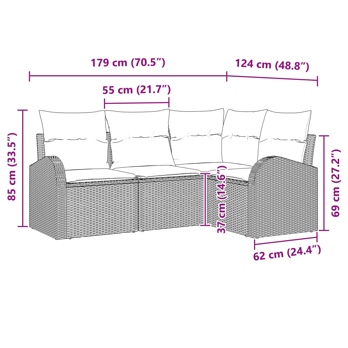 vidaXL Tuinbank Set met kussen 4 pcs Bruin en Rood poly rattan