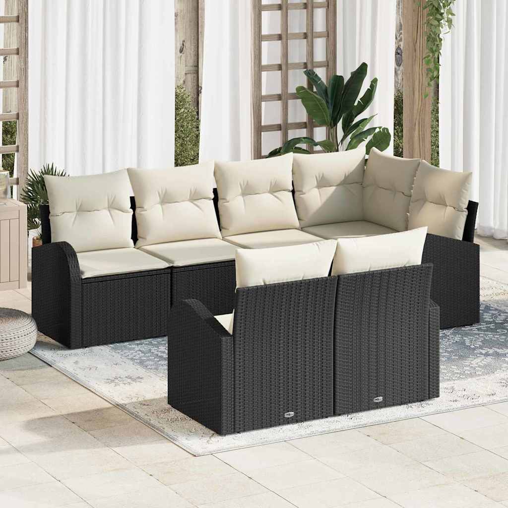 vidaXL Tuinbank Set met kussen 7 pcs Zwart en Wit poly rattan