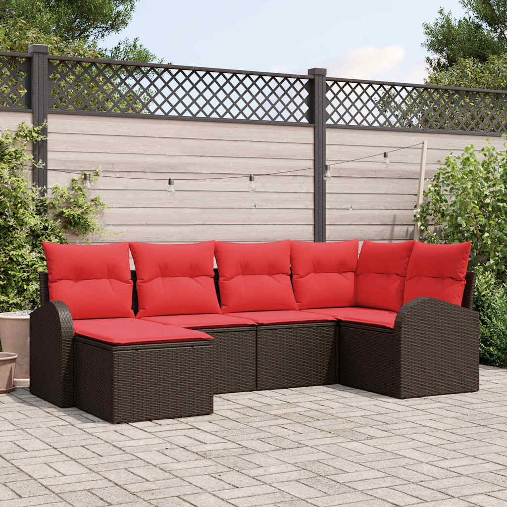 vidaXL Bankstel met kussen met opslag 6 pcs Bruin en Rood poly rattan