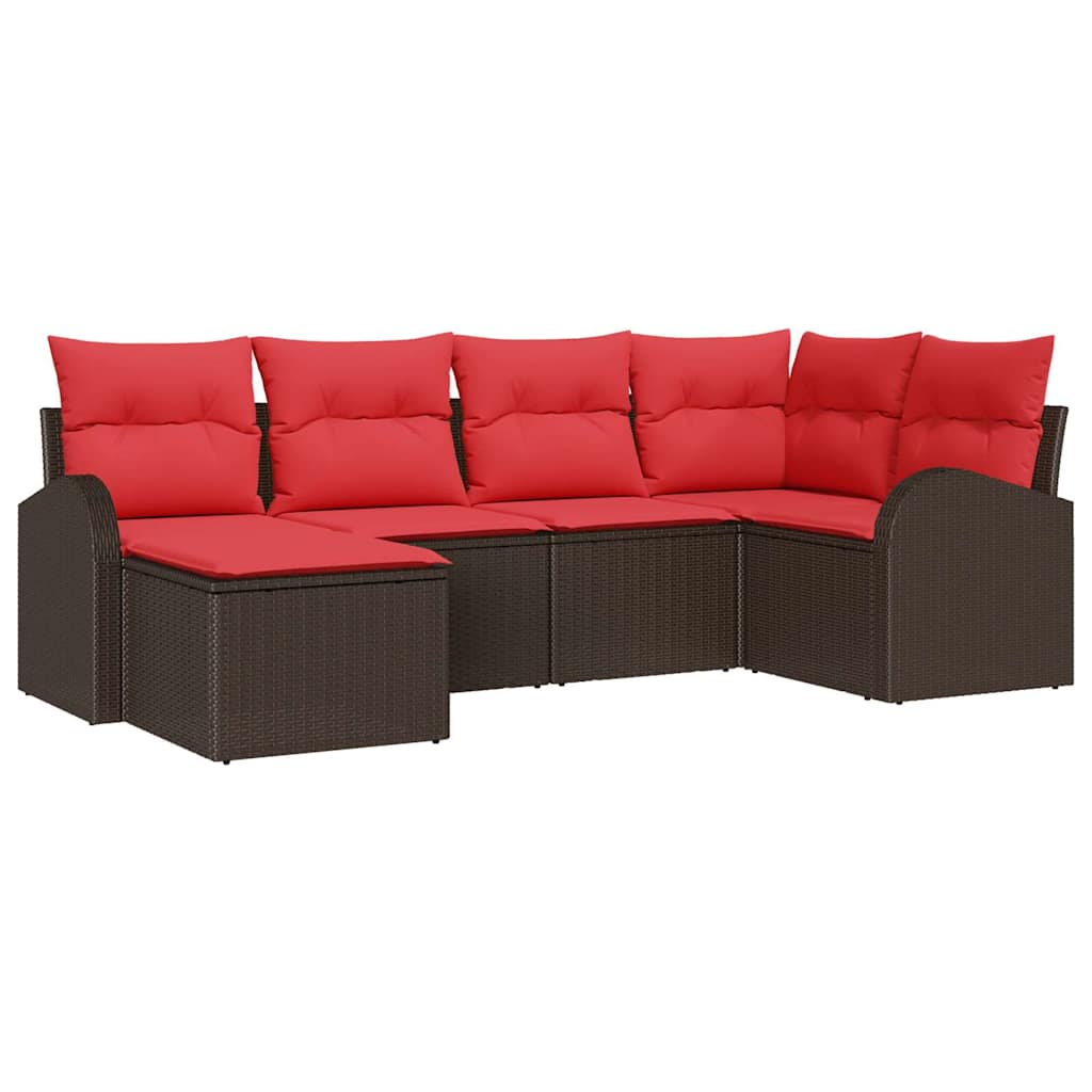 vidaXL Bankstel met kussen met opslag 6 pcs Bruin en Rood poly rattan
