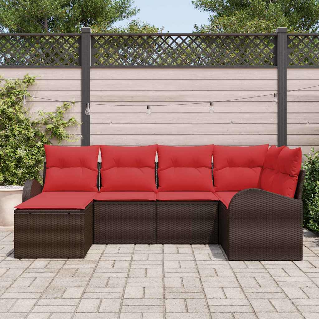vidaXL Bankstel met kussen met opslag 6 pcs Bruin en Rood poly rattan
