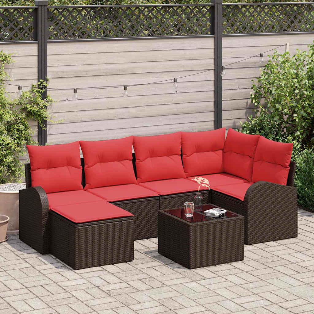 vidaXL Bankstel met kussen met opslag 6 pcs Bruin en Rood poly rattan