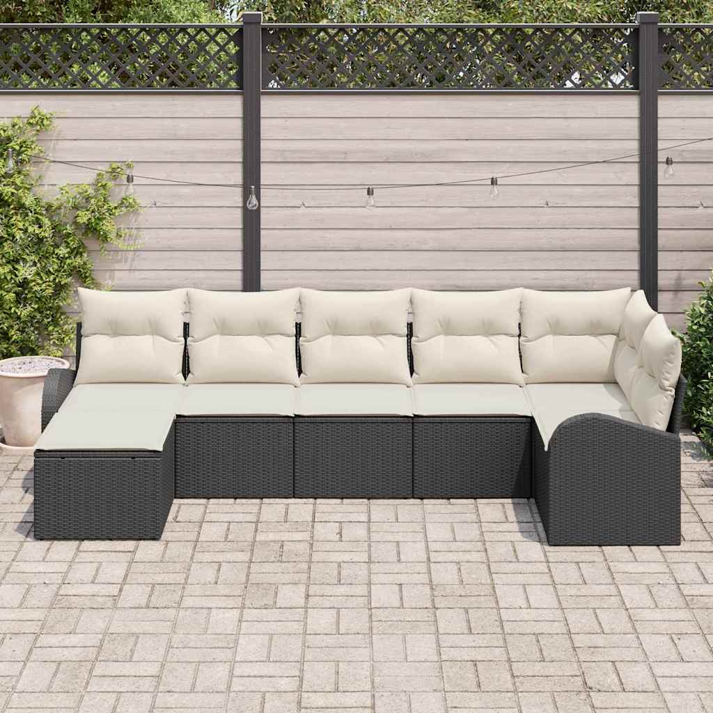 vidaXL Bankstel met kussen met opslag 7 pcs Zwart poly rattan