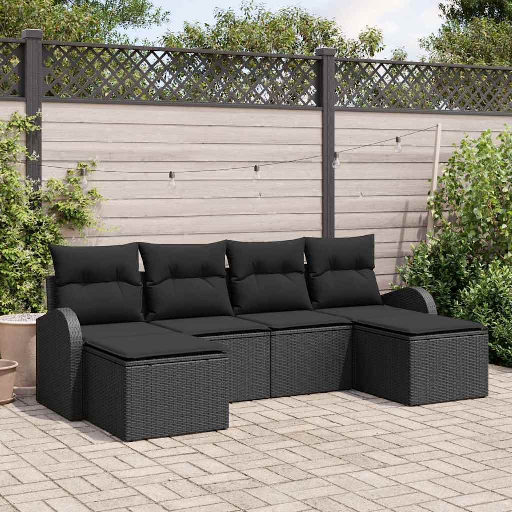 vidaXL Bankstel met kussen met opslag 6 pcs Zwart en Wit poly rattan