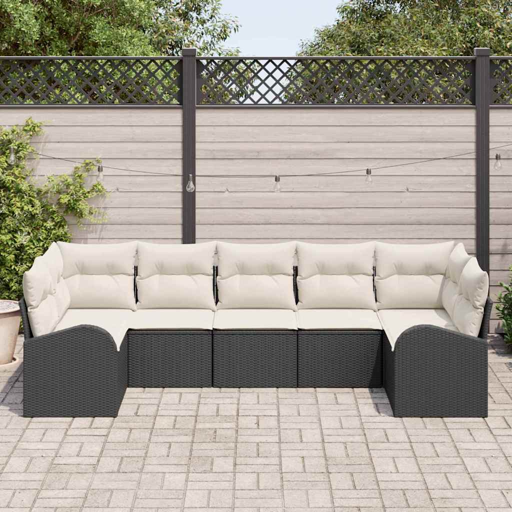 vidaXL Tuinbank Set met kussen 7 pcs Zwart en Wit poly rattan