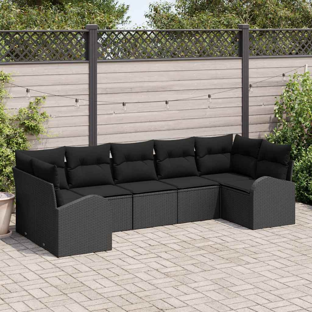 vidaXL Tuinbank Set met kussen 7 pcs Zwart en Wit poly rattan