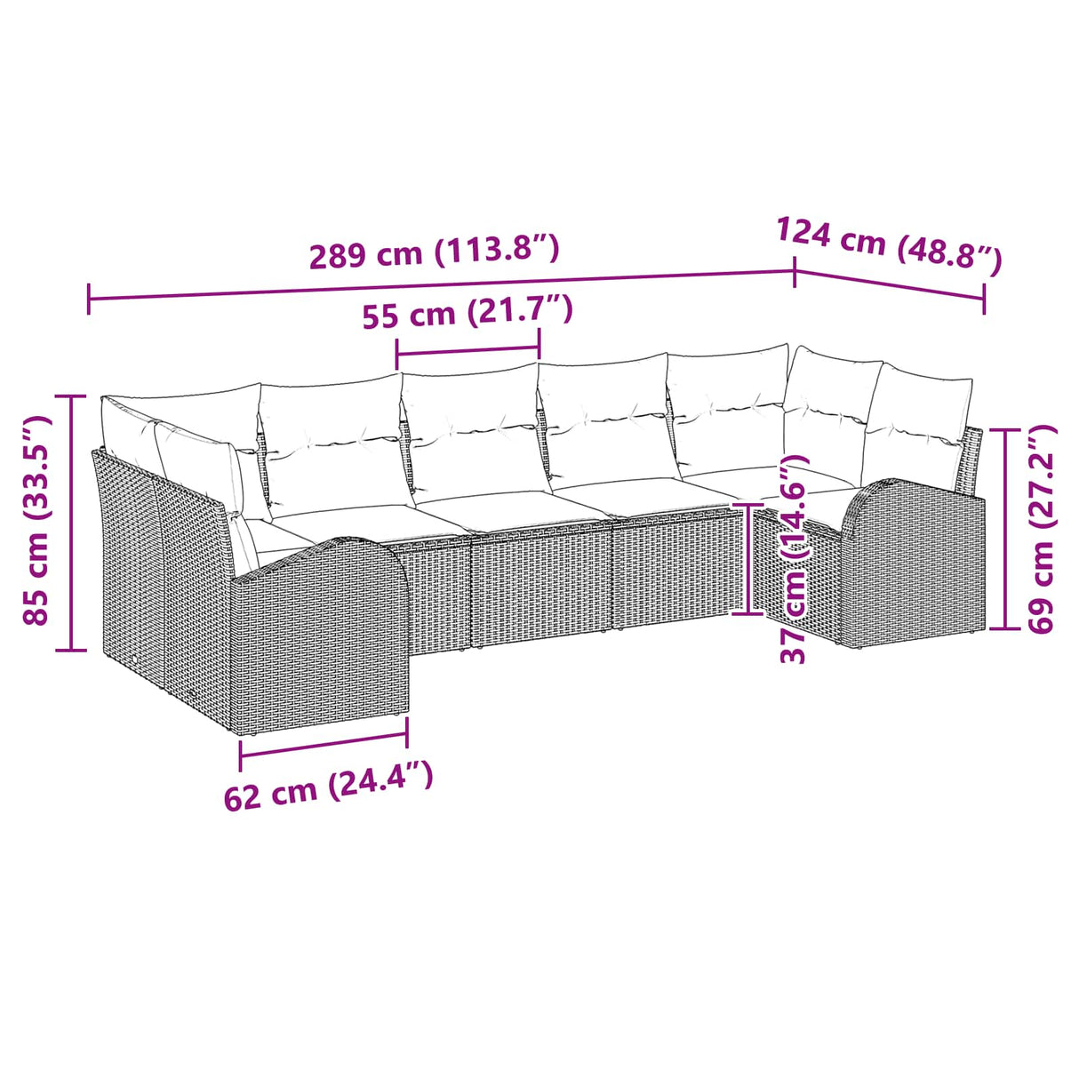vidaXL Tuinbank Set met kussen 7 pcs Bruin en Rood poly rattan