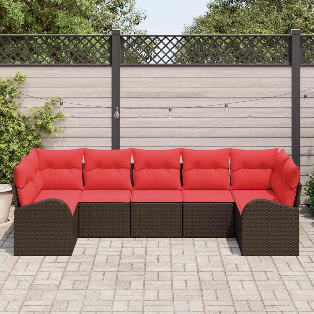 vidaXL Tuinbank Set met kussen 7 pcs Bruin en Rood poly rattan