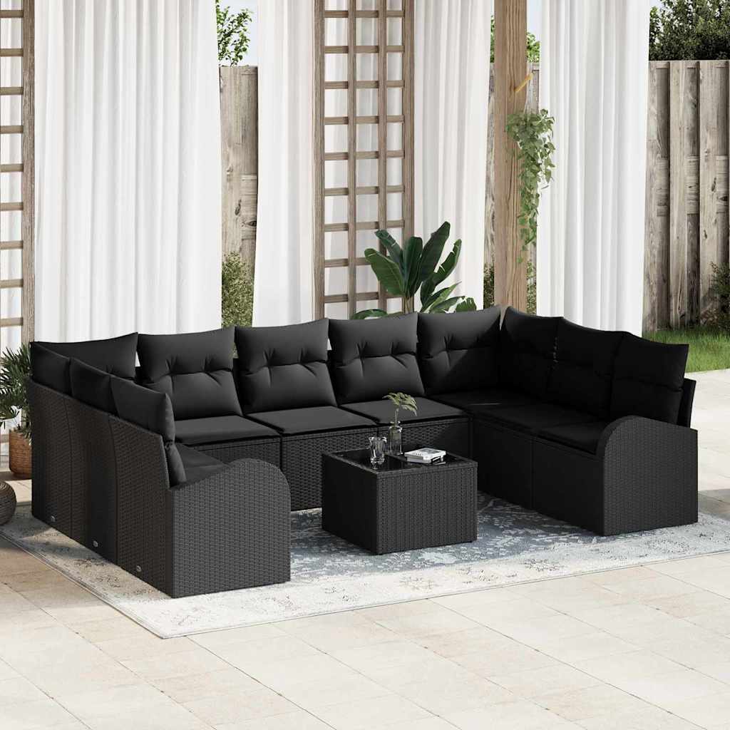 vidaXL Tuinbank Set met kussen 9 pcs Zwart en Wit poly rattan
