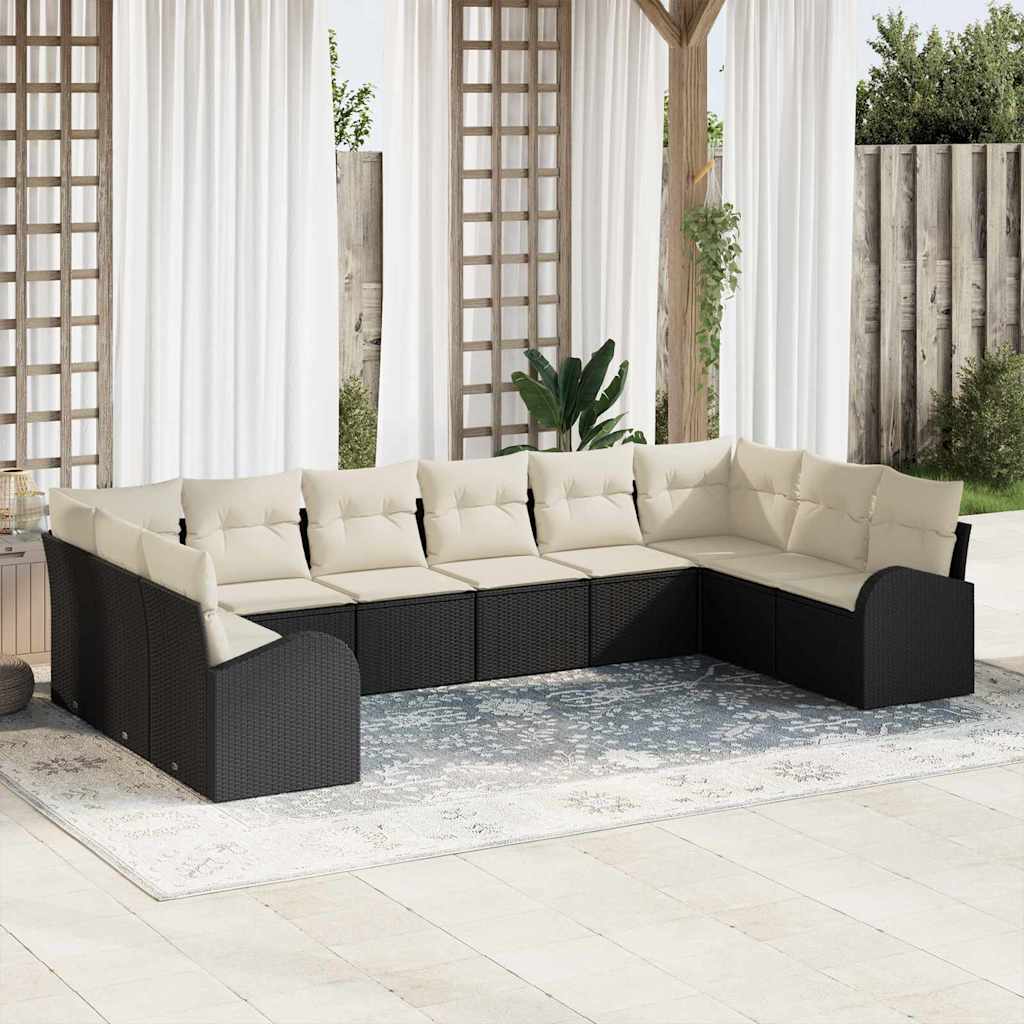 vidaXL Tuinbank Set met kussen 10 pcs Zwart en Wit poly rattan