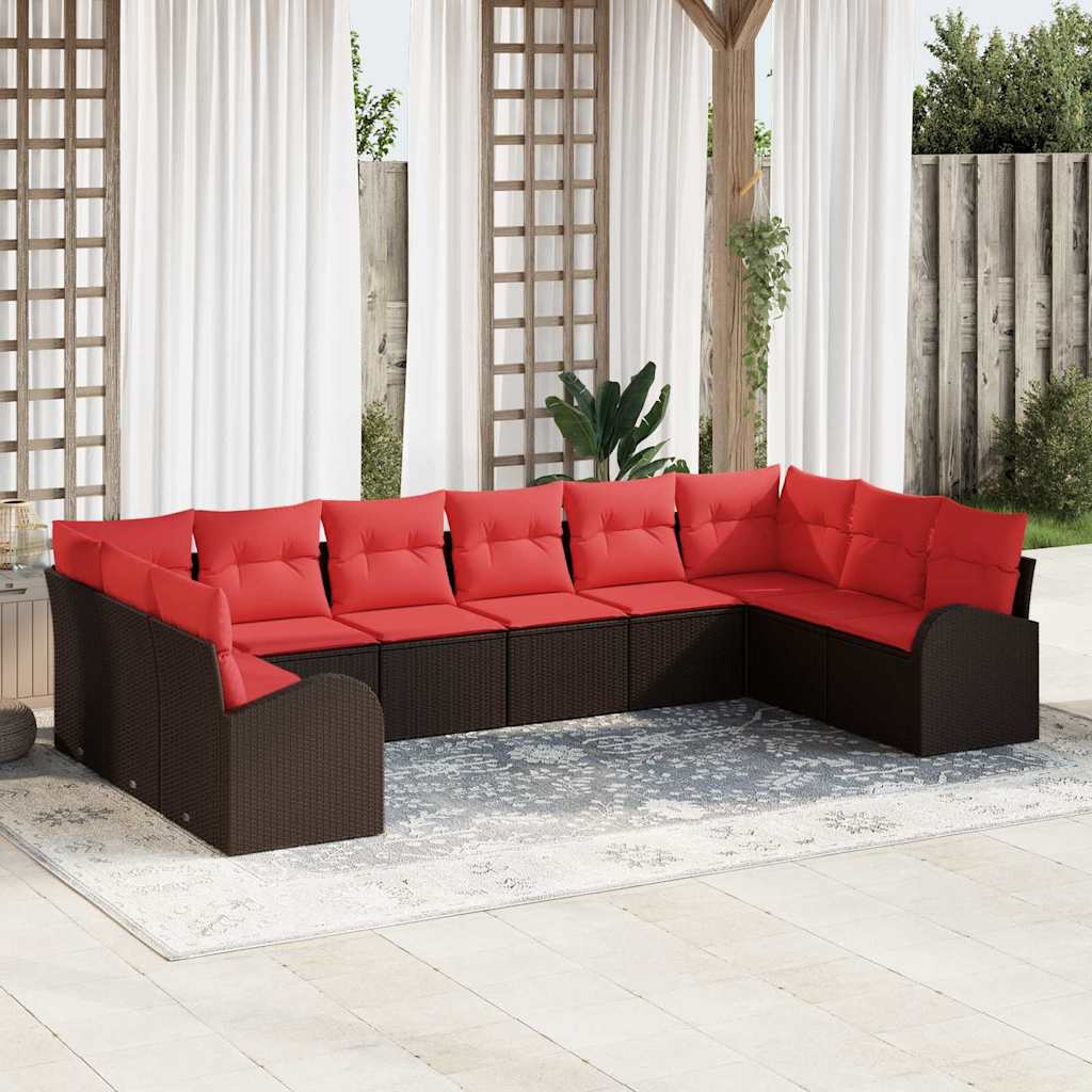 vidaXL Tuinbank Set met kussen 10 pcs Bruin en Rood poly rattan
