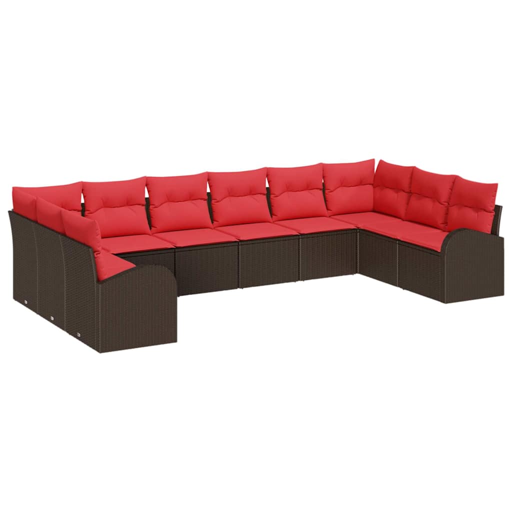 vidaXL Tuinbank Set met kussen 10 pcs Bruin en Rood poly rattan