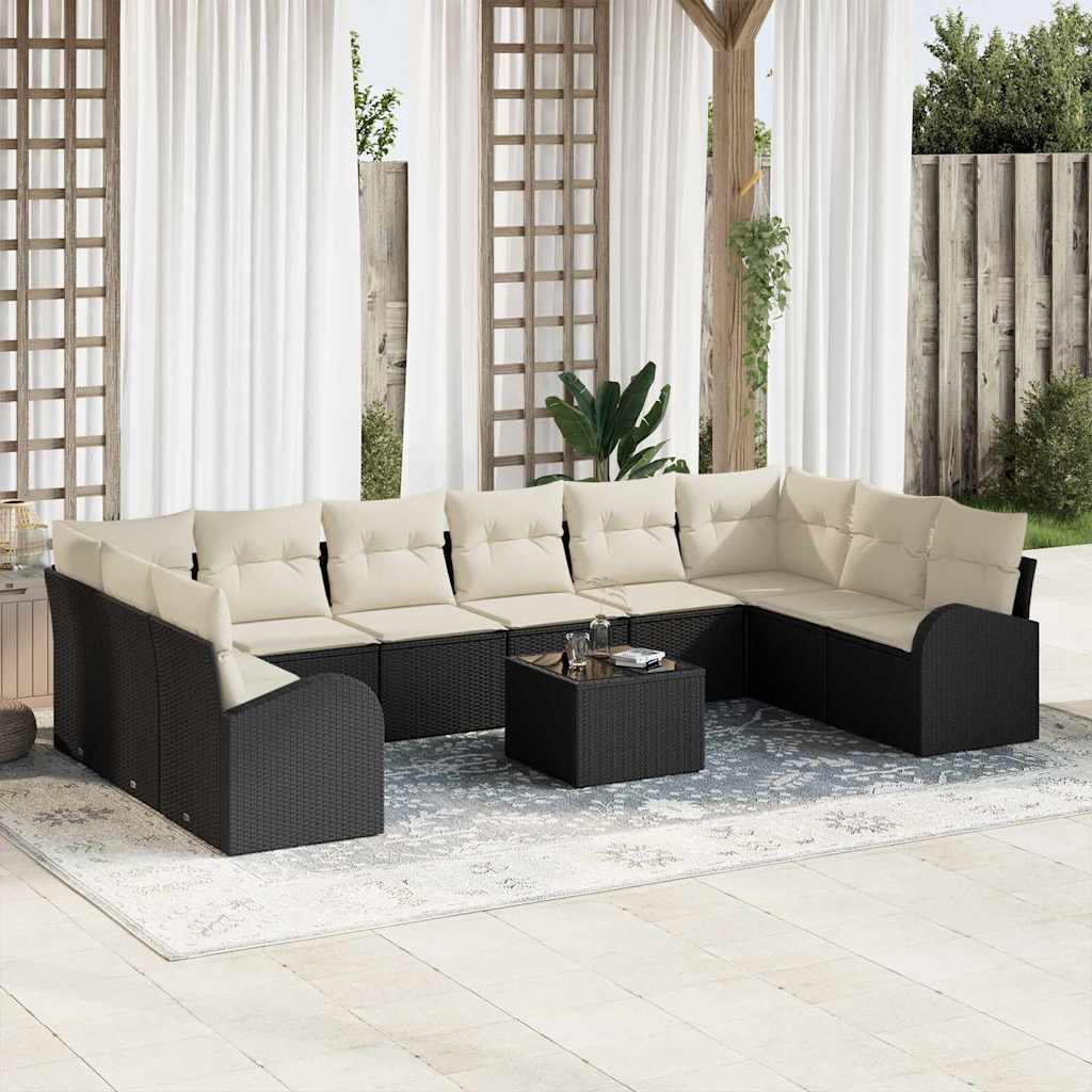vidaXL Tuinbank Set met kussen 10 pcs Zwart en Wit poly rattan
