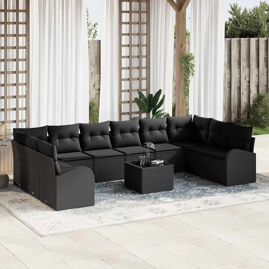 vidaXL Tuinbank Set met kussen 10 pcs Zwart en Wit poly rattan