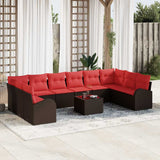 vidaXL Tuinbank Set met kussen 10 pcs Bruin en Rood poly rattan