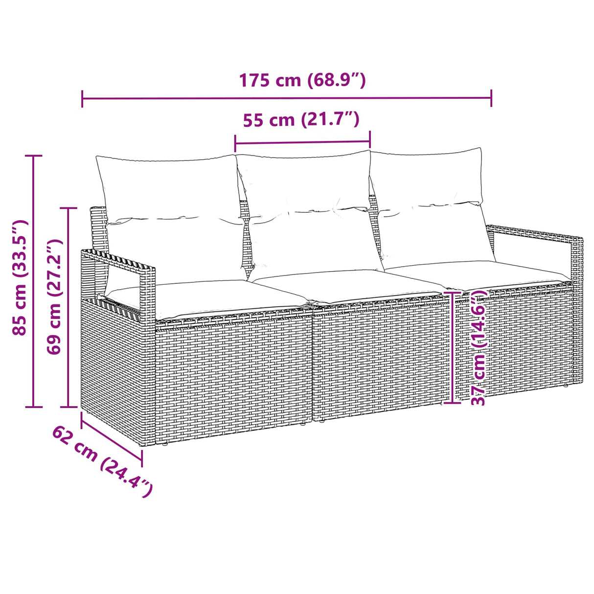 vidaXL Tuinbank Set met kussen 3 pcs Bruin en Rood poly rattan