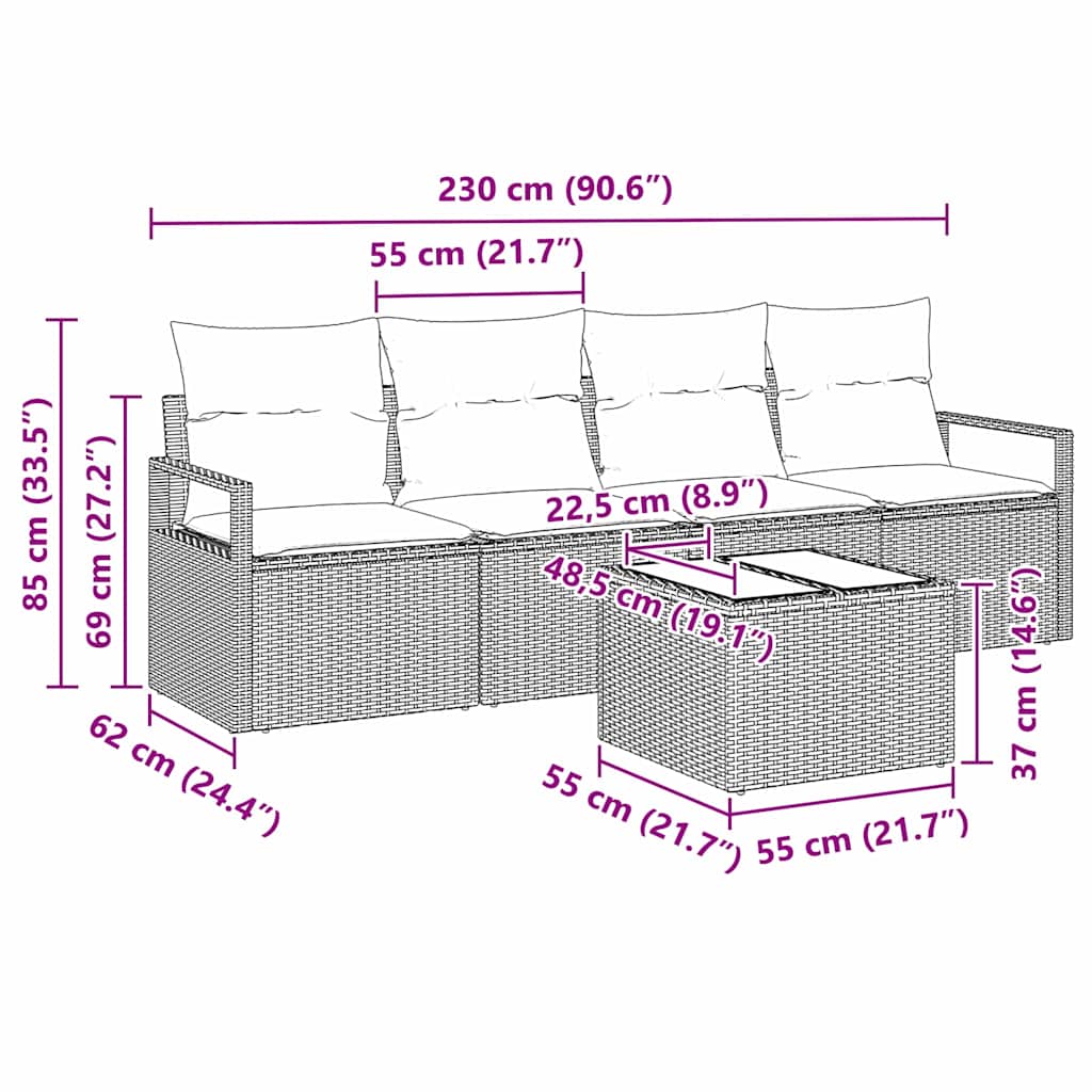 vidaXL Bankstel met kussen met opslag 5 pcs Zwart en Crème poly rattan