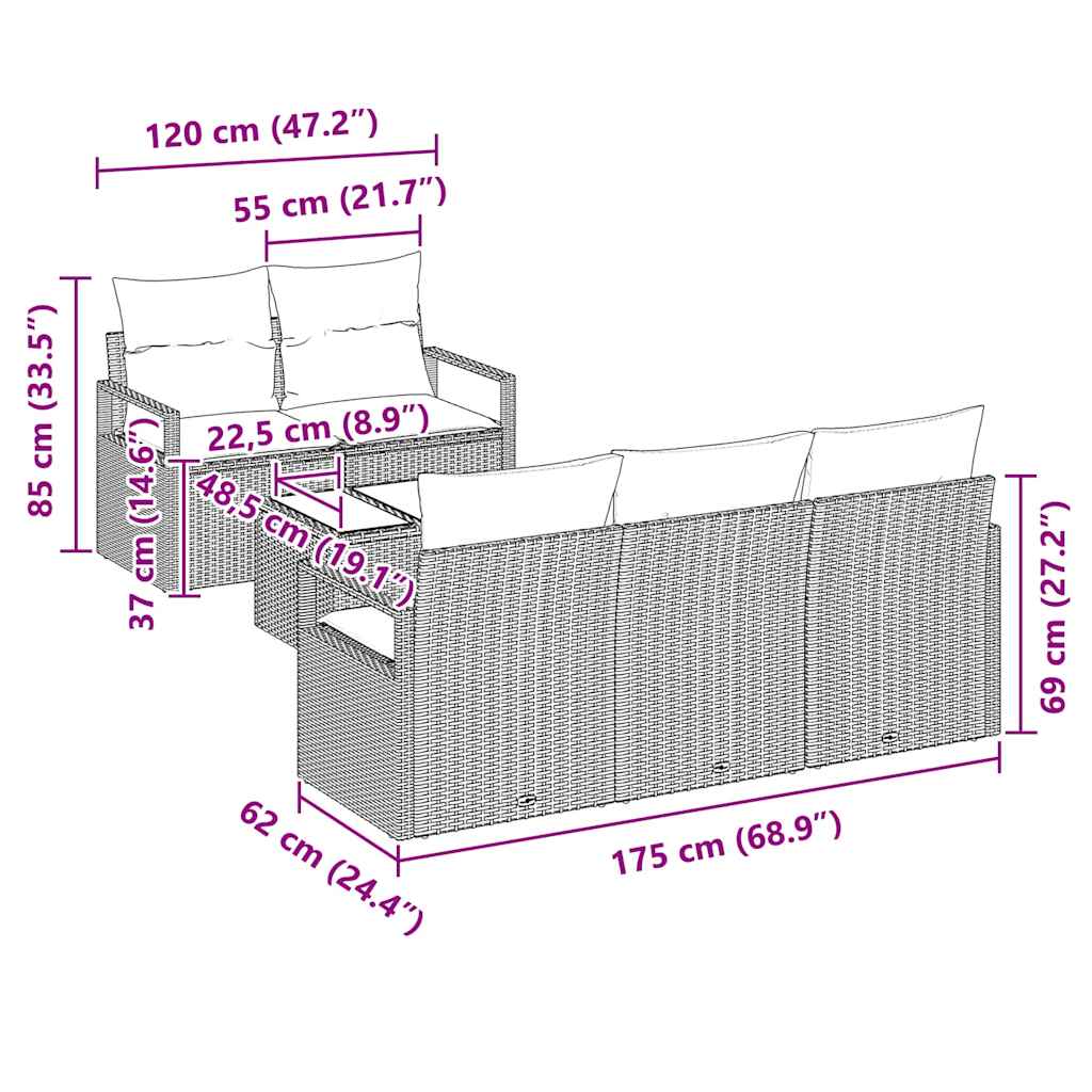vidaXL Tuinbank Set met kussen 6 pcs Zwart en Crème poly rattan