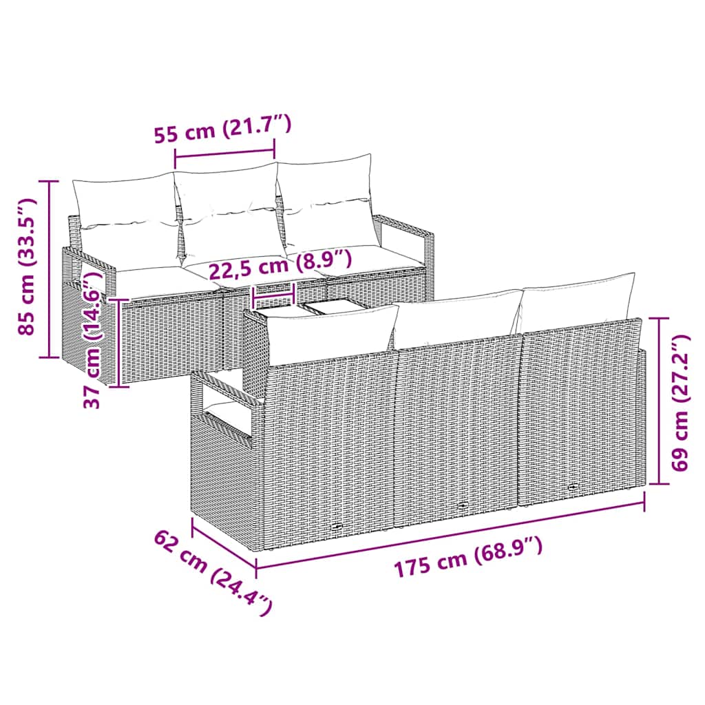 vidaXL Tuinbank Set met kussen 7 pcs Zwart en Crème poly rattan