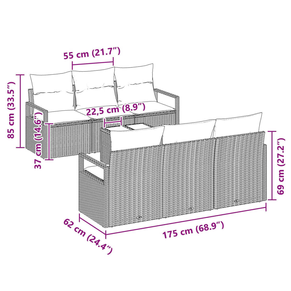 vidaXL Tuinbank Set met kussen 7 pcs Beige en Rood poly rattan