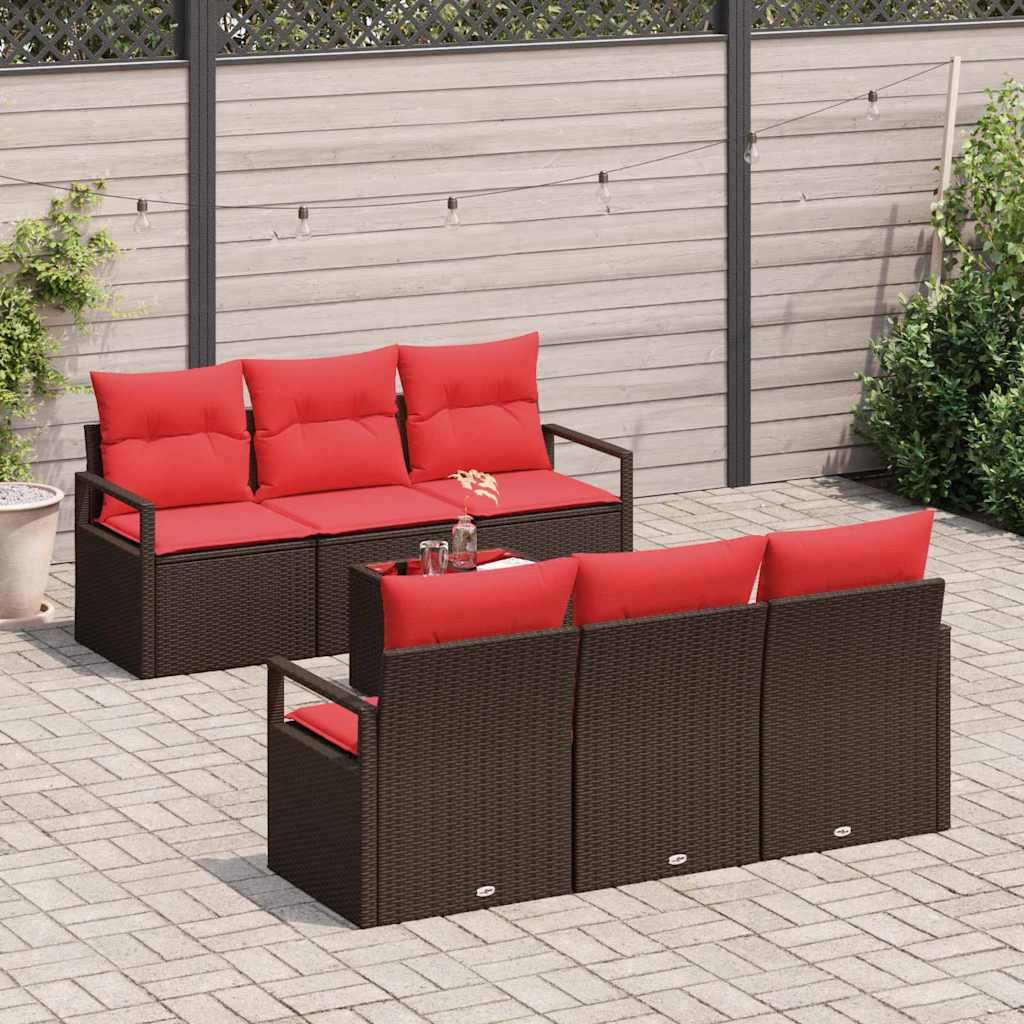 vidaXL Tuinbank Set met kussen 7 pcs Beige en Rood poly rattan