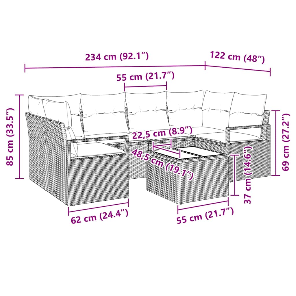 vidaXL Tuinbank Set 7 pcs Zwart en Crème Poly rattan, staal en glas