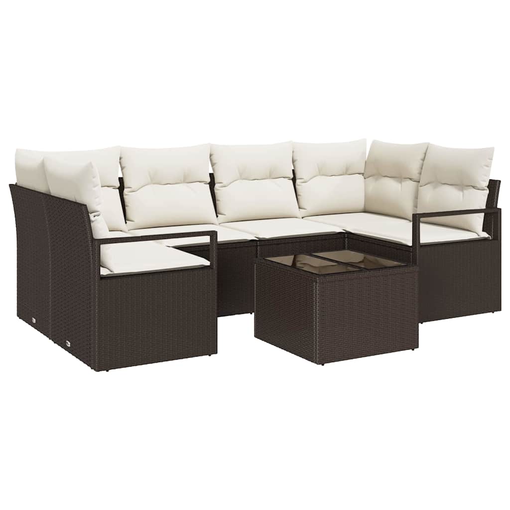vidaXL Tuinbank Set 7 pcs Zwart en Crème Poly rattan, staal en glas