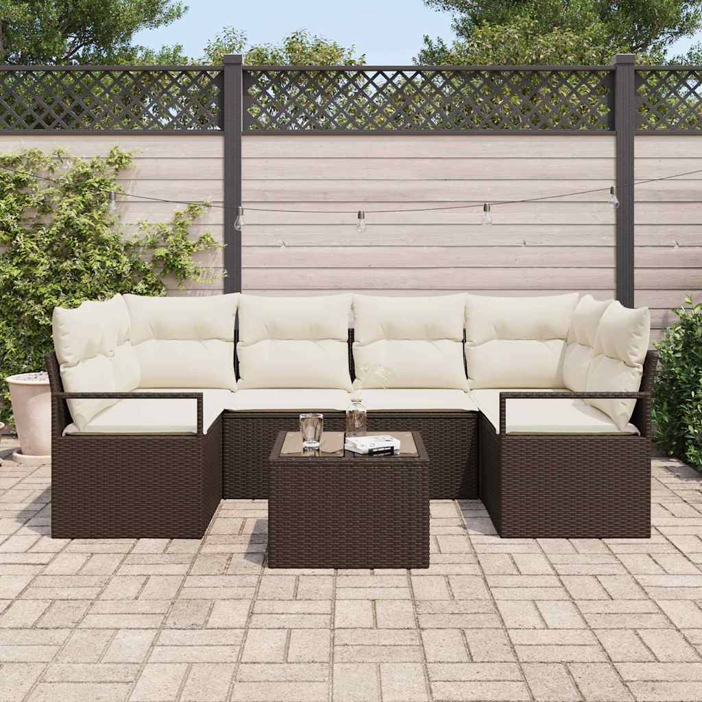 vidaXL Tuinbank Set 7 pcs Zwart en Crème Poly rattan, staal en glas