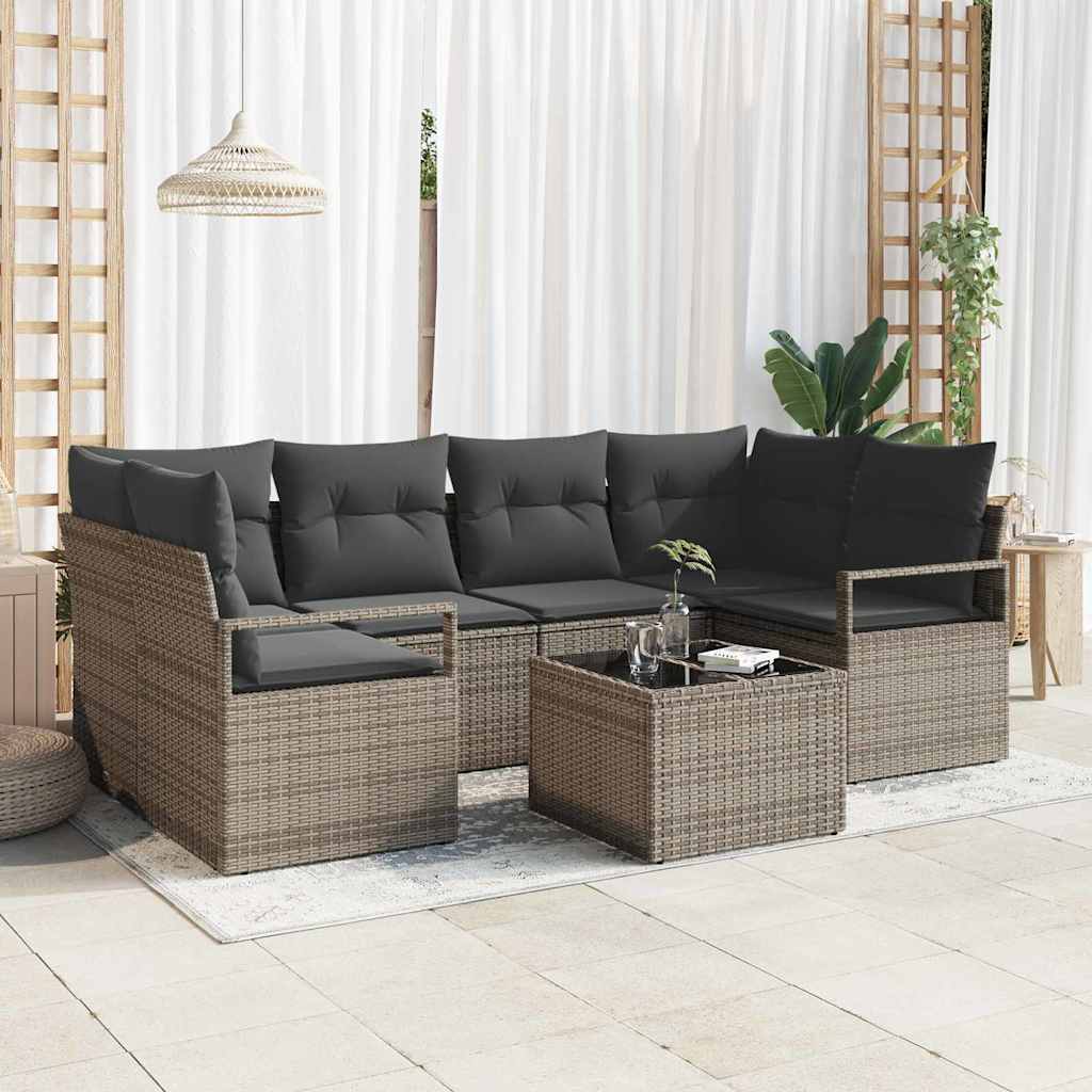 vidaXL Tuinbank Set 7 pcs Zwart en Crème Poly rattan, staal en glas