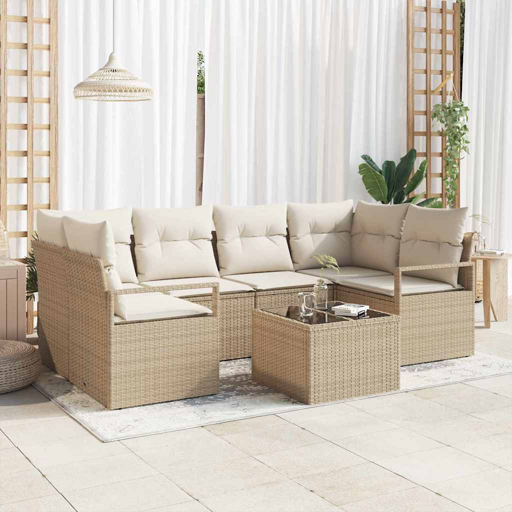 vidaXL Tuinbank Set 7 pcs Zwart en Crème Poly rattan, staal en glas