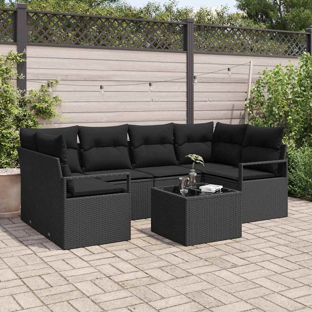 vidaXL Tuinbank Set 7 pcs Zwart en Crème Poly rattan, staal en glas