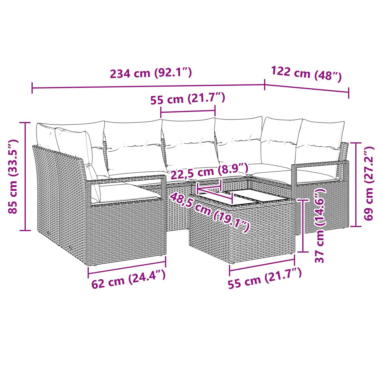vidaXL Garden Bench Set with Cushion 7 pcs Beige and Red poly rattan