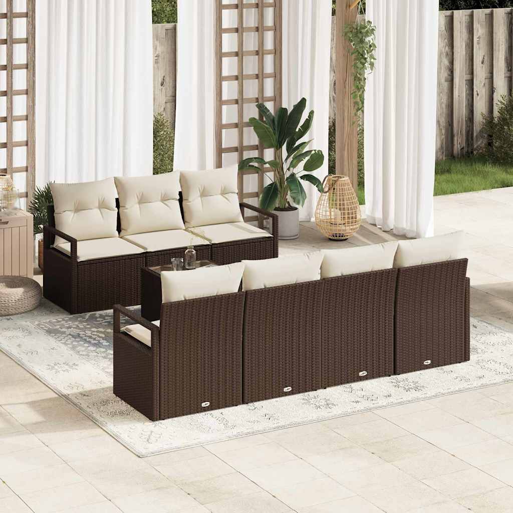 vidaXL Tuinbank Set 8 pcs Zwart en Crème Poly rattan, staal en glas