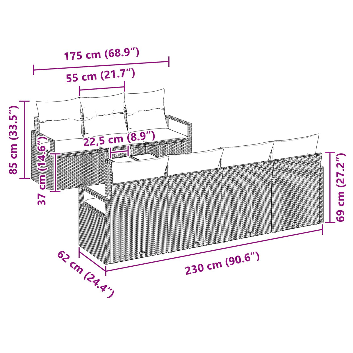 vidaXL Tuinbank Set met kussen 8 pcs Beige en Rood poly rattan