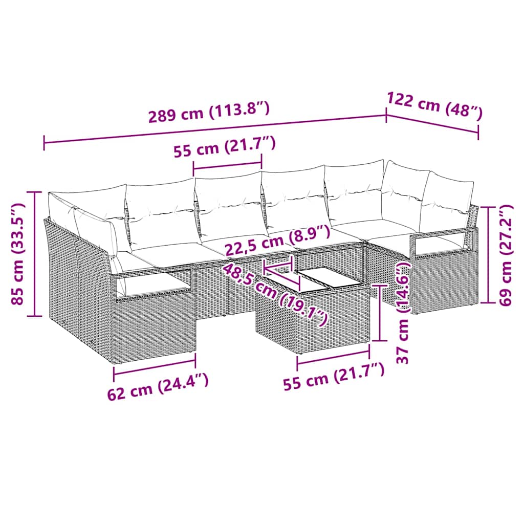 vidaXL Tuinbank Set 8 pcs Zwart en Crème Poly rattan, staal en glas